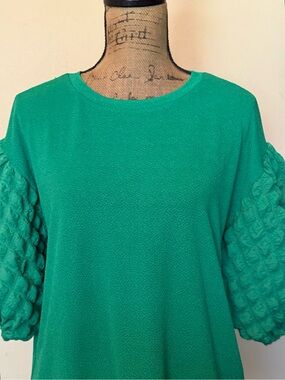 Green Textured Puff Sleeve Top